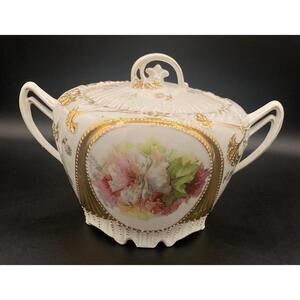 647 - Antique Porcelain Biscuit Jar with Lid – Hand-Painted Medallions & Beaded